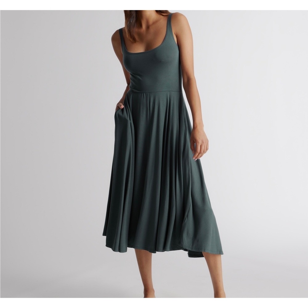 Quince Tencel Jersey Fit & Flare Dress Women's Sz S Dark Olive Basic Sleeveless
